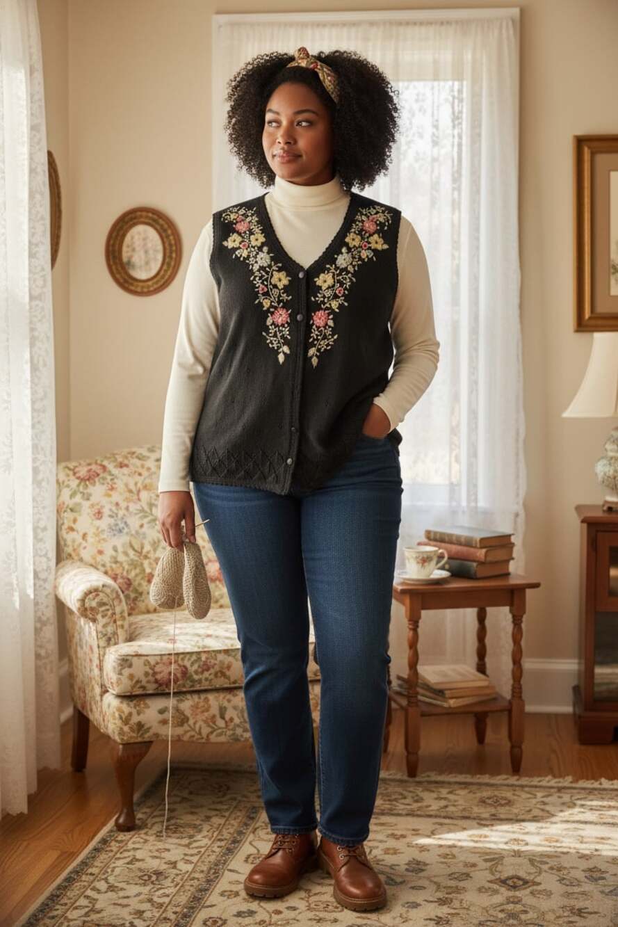 Vintage Two Twenty Black Floral Embroidered Button Up Sweater Vest